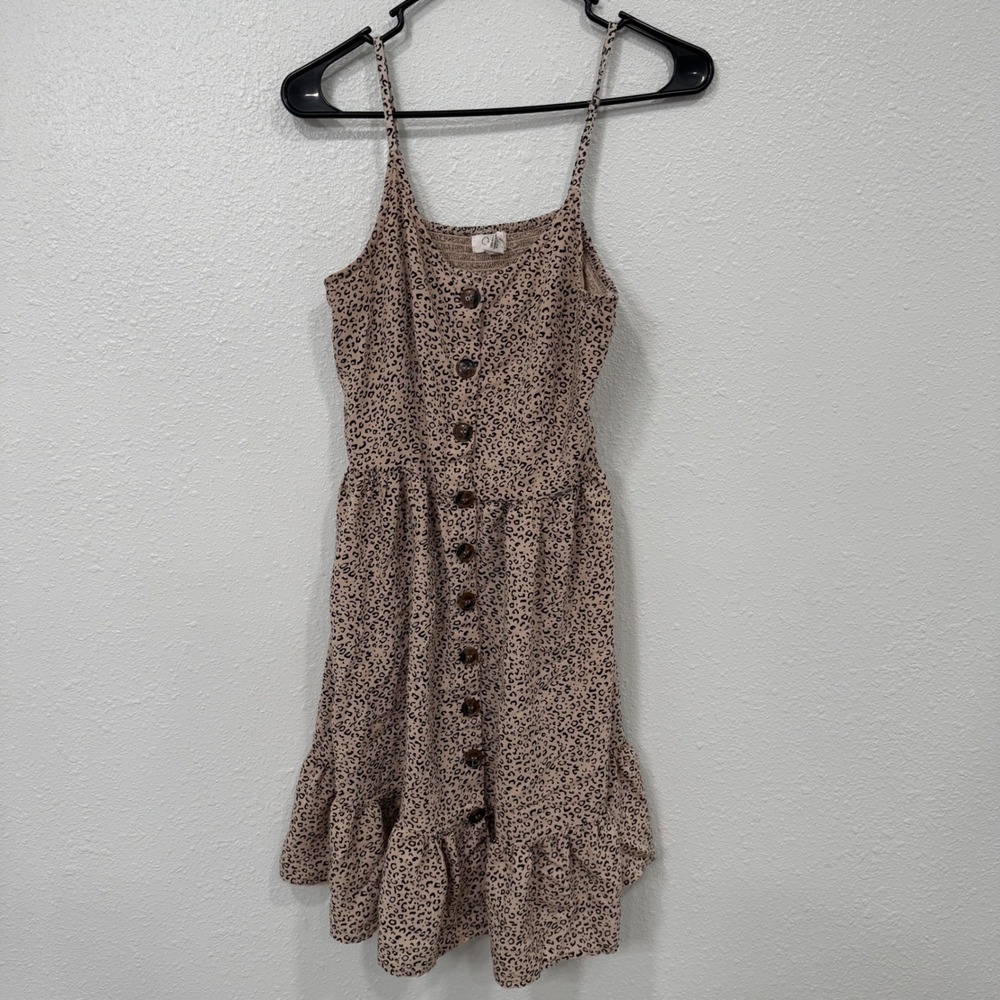 Joprea Womens Tan Leopard Print Button Front Tiered Ruffle Hem Midi Dress Size M